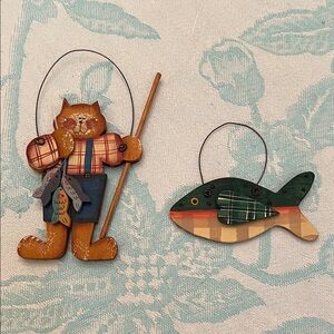 Hand Made Wood Cat & Fish Ornaments